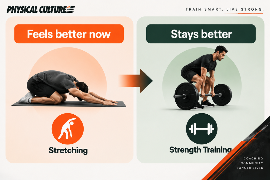 Contrast graphic showing stretching for short term relief next to strength training for lasting change