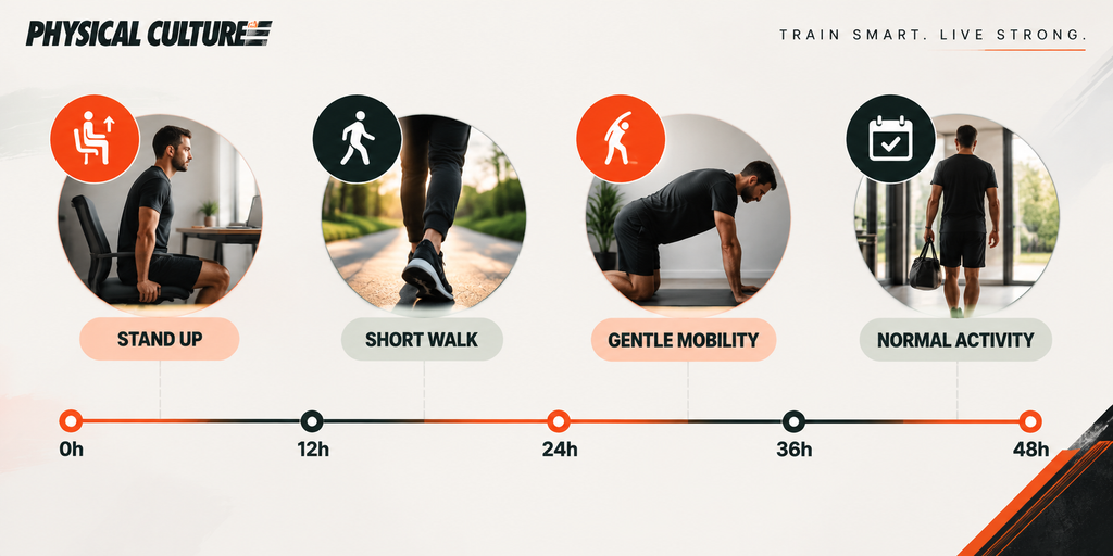 Timeline showing short walks, position changes and gentle mobility spread across the first 48 hours of lower back pain