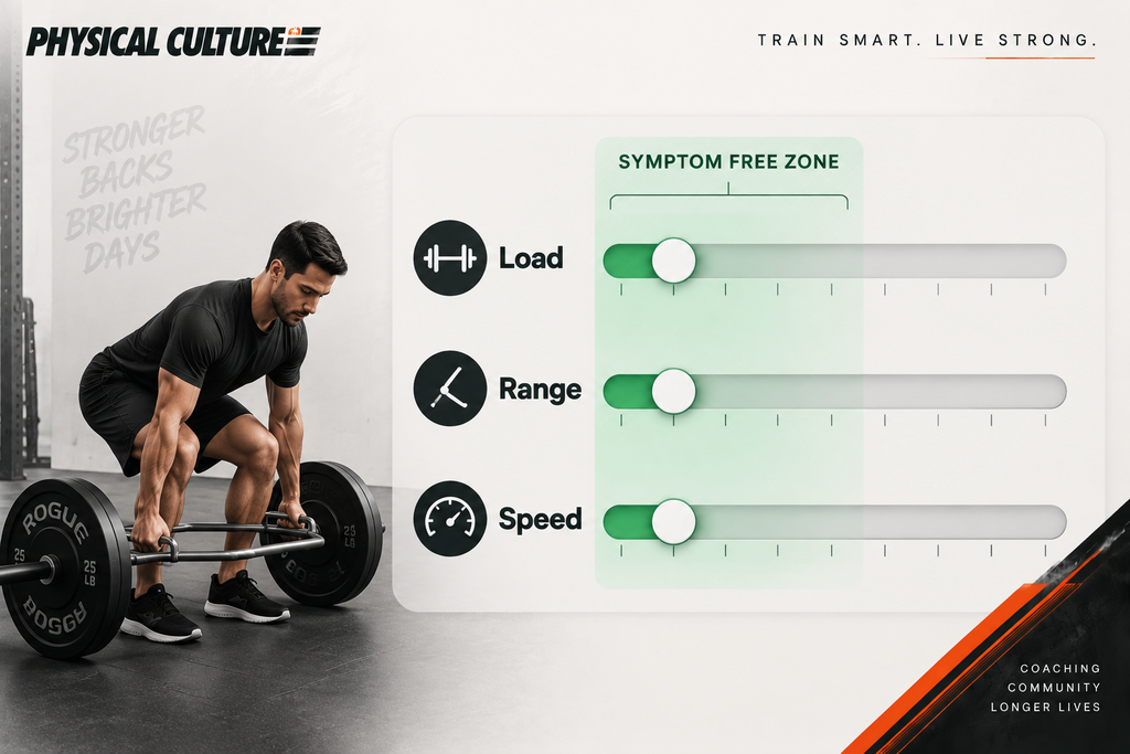 Three sliders showing load, range and speed reduced into a symptom free zone for deadlifting with back pain