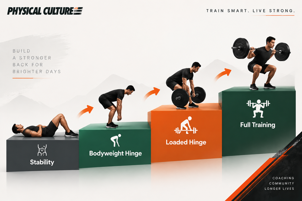 Four step progression ladder from core stability to bodyweight hinge to loaded hinge to full strength training