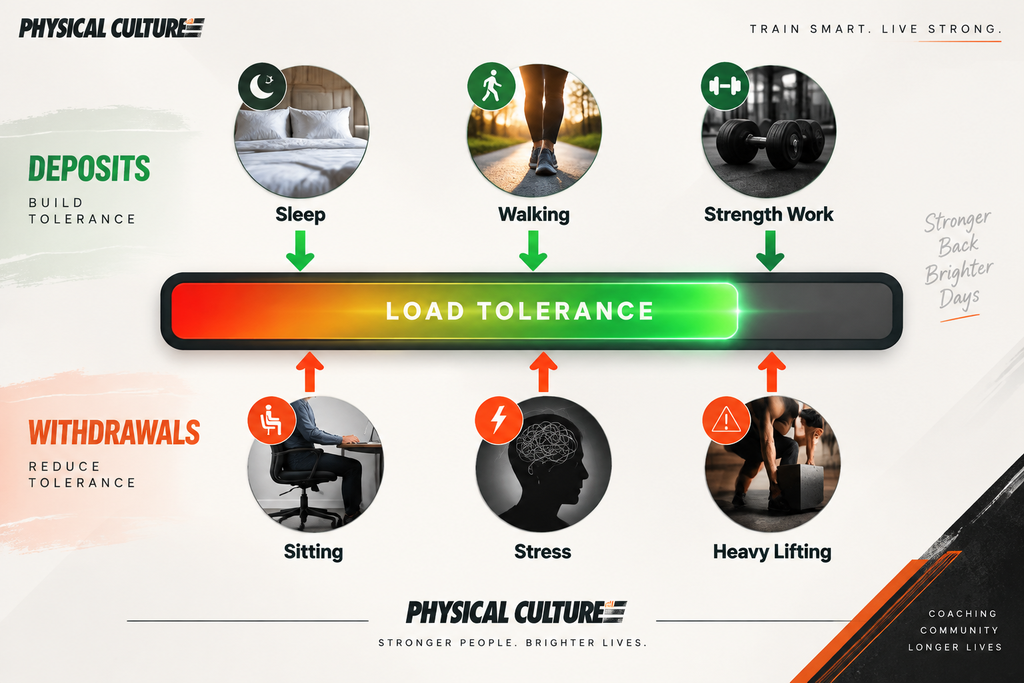 Diagram showing how sleep, walking and training add to back load tolerance while sitting, stress and sudden heavy lifting subtract from it