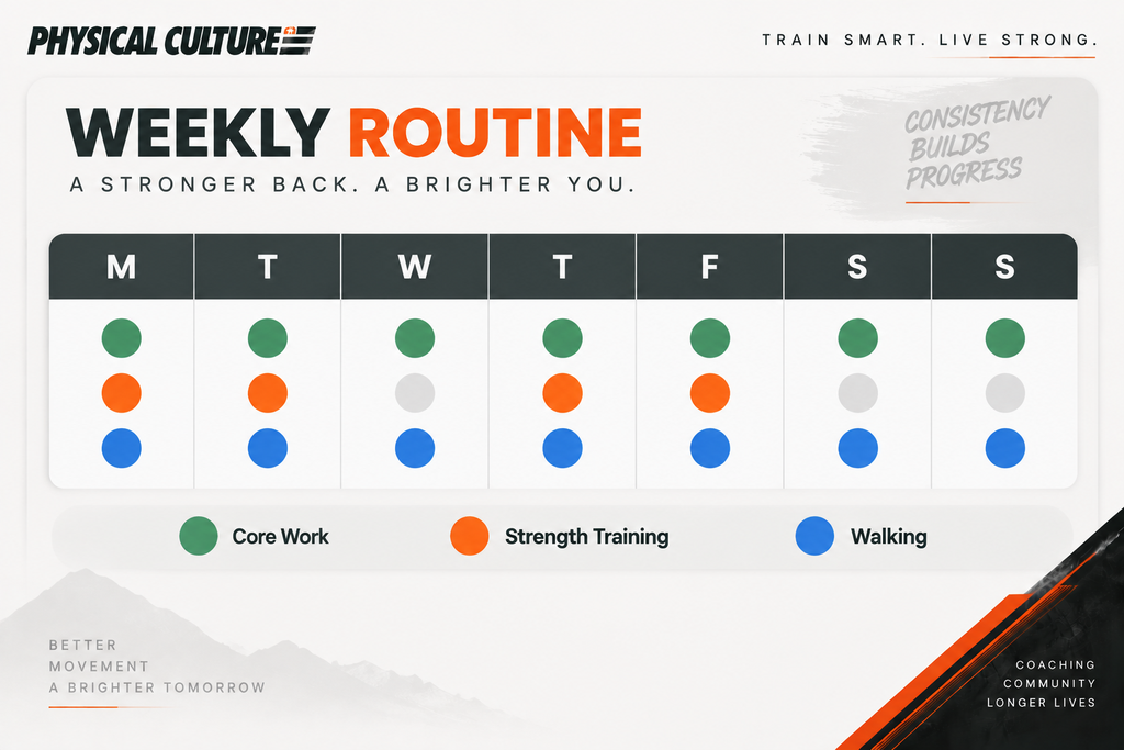 Seven day grid showing which days include core work, strength training and walking in the back pain routine