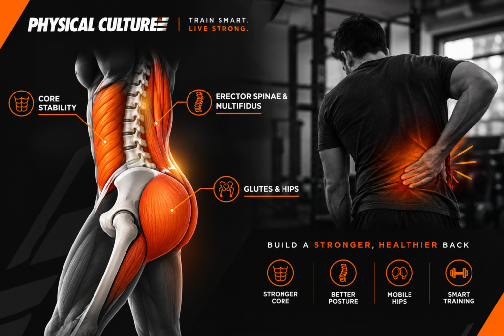 Illustration of the lumbar spine showing core, back extensor and hip muscles that support the lower back