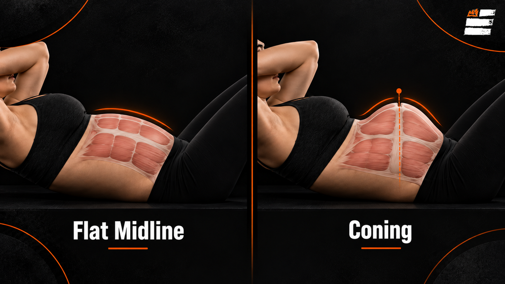 Two panel comparison showing a flat abdominal midline versus coning along the midline during a core exercise in pregnancy