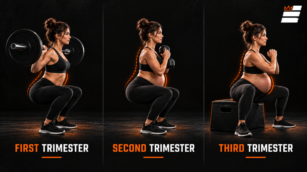 The squat pattern shown across three trimesters progressing from barbell to goblet to wide stance box squat