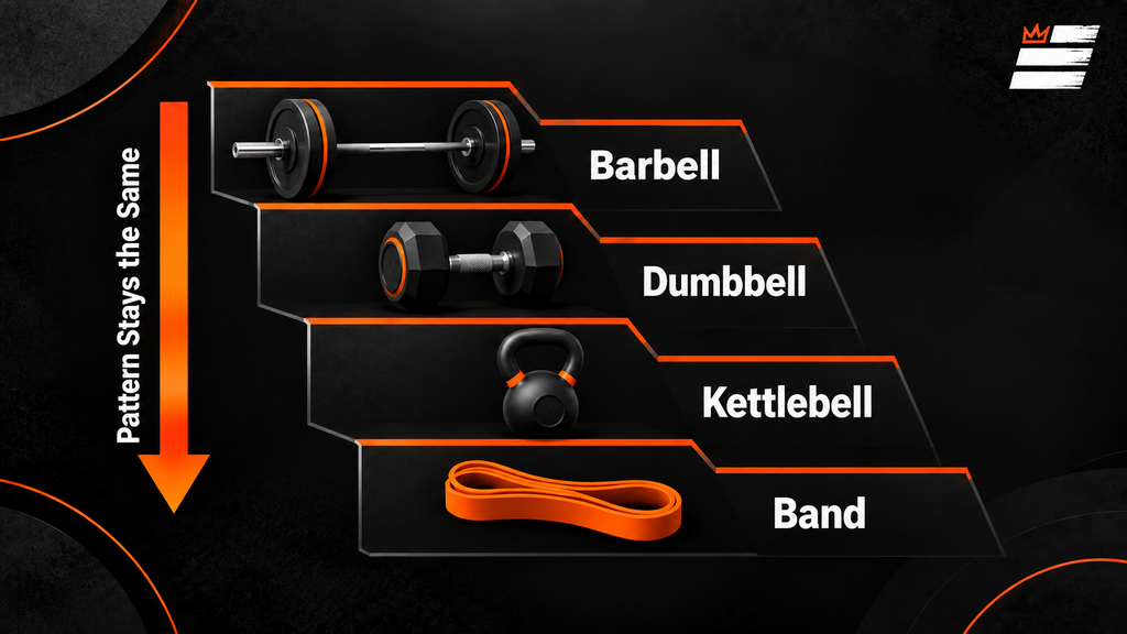Four step ladder showing implement regression from barbell to dumbbell to kettlebell to band while the movement pattern stays the same