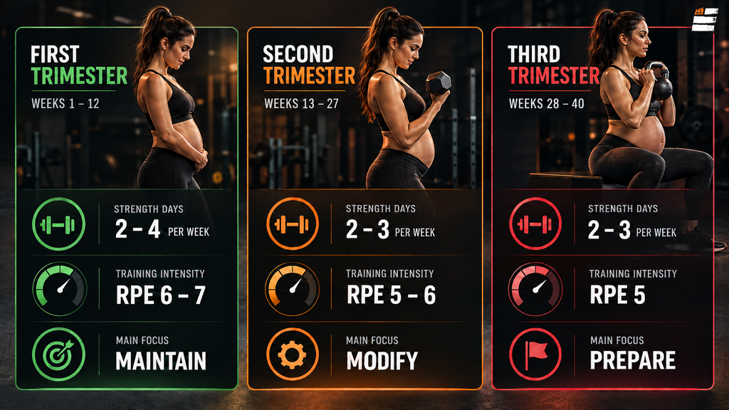 Three column card comparing strength days, training intensity and main focus across the three trimesters
